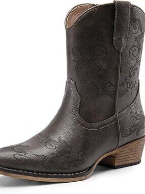 Women's Grey faux leather Cowgirl Boots Low Chunky Heels Toe Fall Short Shoes